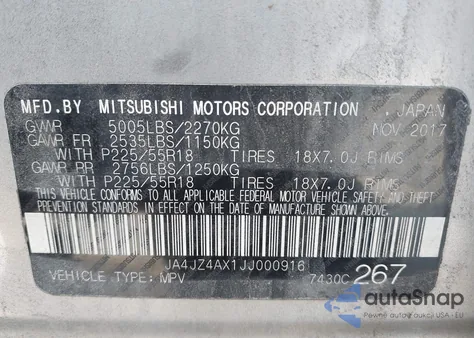 2018 Mitsubishi Outlander Gt from USA, damaged, VIN JA4JZ4AX1JJ000916